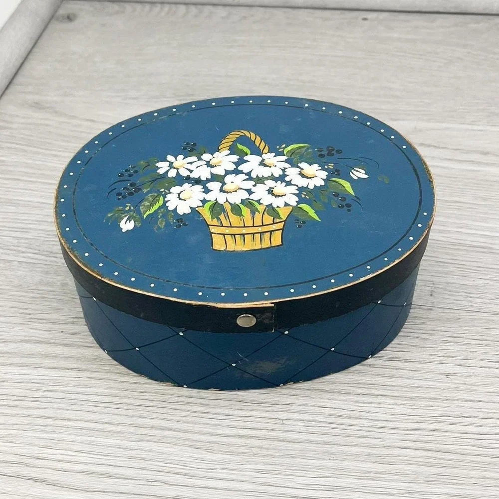 Vintage‎ Blue Floral Trinket Box - Hand Painted Wooden Jewelry Box